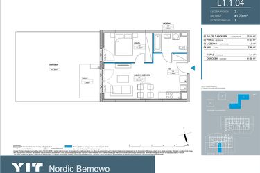 Rzut - Mieszkanie na sprzedaż 2 pokoje o powierzchni 41,7 m² - numer L1.1.04 w Nordic Bemowo - etap III