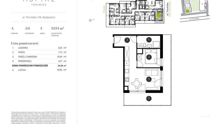 Rzut - Mieszkanie na sprzedaż 2 pokoje o powierzchni 34,94 m² - numer A.11 w Aspire