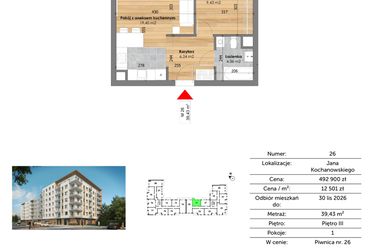 Rzut - Mieszkanie na sprzedaż 1 pokój o powierzchni 39,43 m² - numer M26 w Przy Kochanowskiego