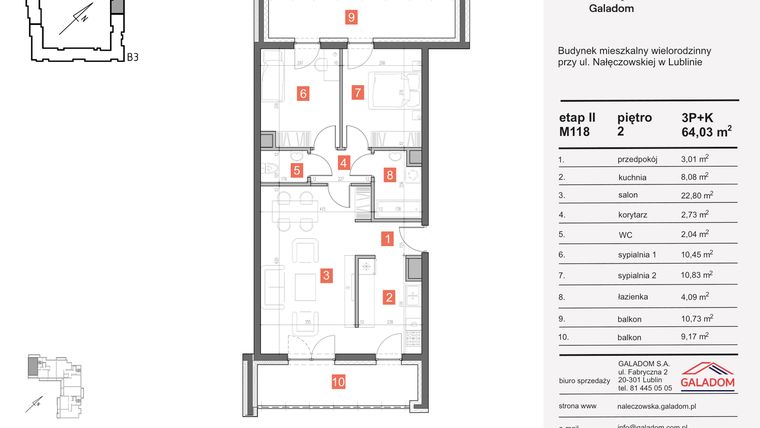 Rzut - Mieszkanie na sprzedaż 3 pokoje o powierzchni 64,03 m² - numer M-118 w Nałęczowska etap II