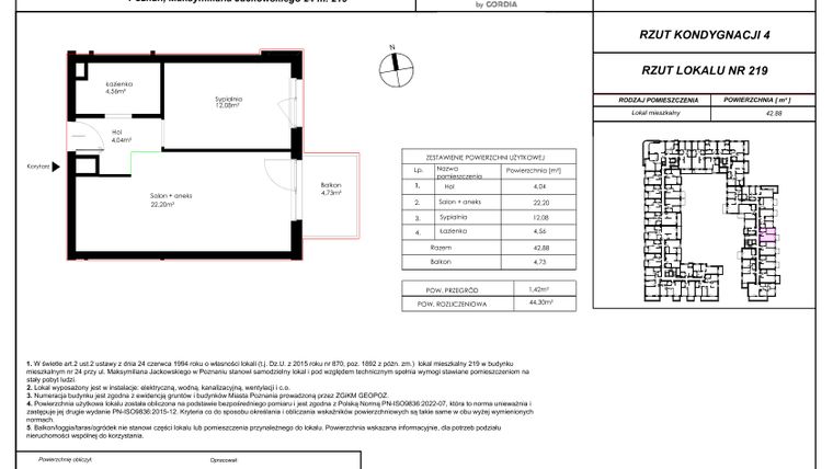 Rzut - Mieszkanie na sprzedaż 2 pokoje o powierzchni 44,3 m² - numer 219 w Modena I