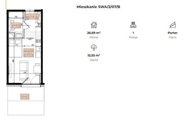 Rzut - Mieszkanie na sprzedaż 1 pokój o powierzchni 26,7 m² - numer SWA/2/07/B w Apartamenty Świeradowska