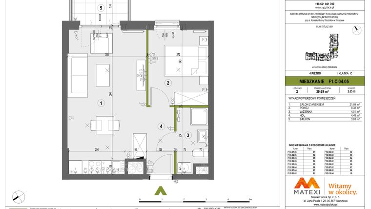 Rzut - Mieszkanie na sprzedaż 2 pokoje o powierzchni 39,69 m² - numer F1.C.04.05 w XYZ Place