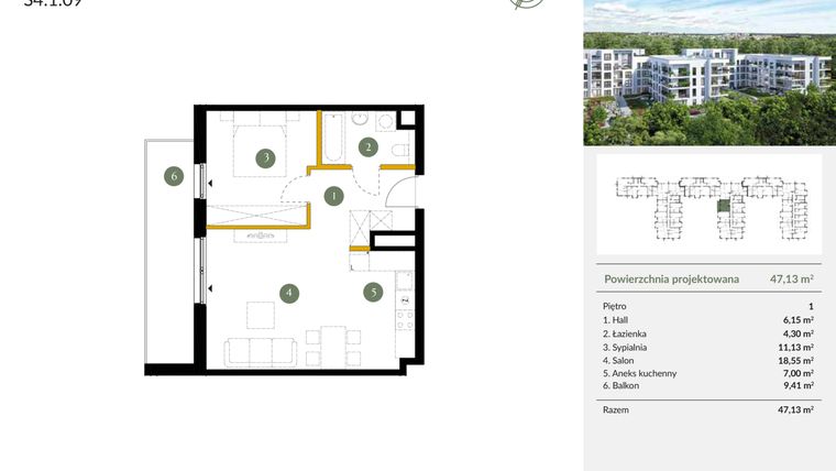 Rzut - Mieszkanie na sprzedaż 2 pokoje o powierzchni 47,13 m² - numer S4.1.09 w Ogrody Julianów