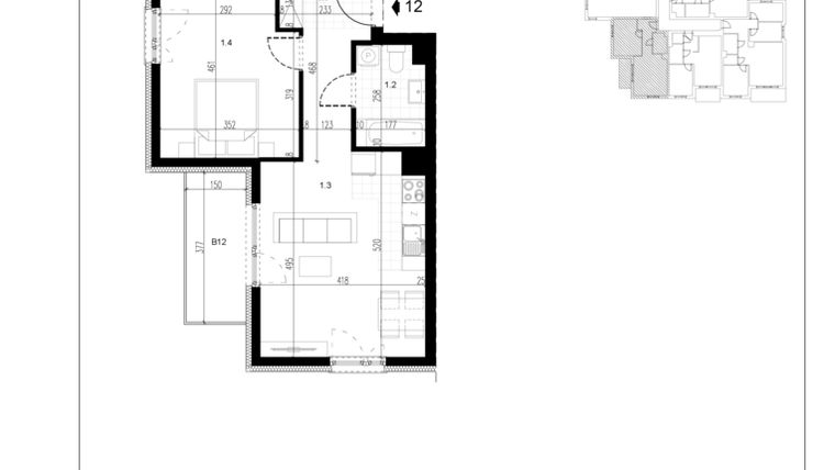 Rzut - Mieszkanie na sprzedaż 2 pokoje o powierzchni 47,48 m² - numer M12 w Trybuny Ludów 3