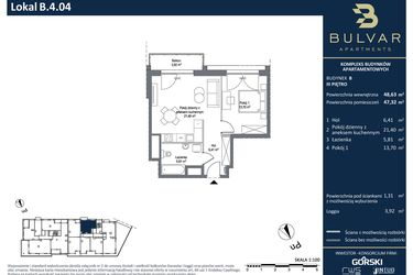 Rzut - Mieszkanie na sprzedaż 2 pokoje o powierzchni 47,32 m² - numer B.4.04 w Bulvar Apartments - etap II