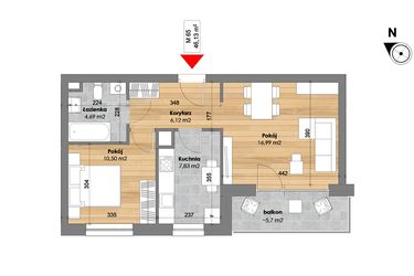 Rzut - Mieszkanie na sprzedaż 2 pokoje o powierzchni 46,13 m² - numer M65 w Przy Kochanowskiego