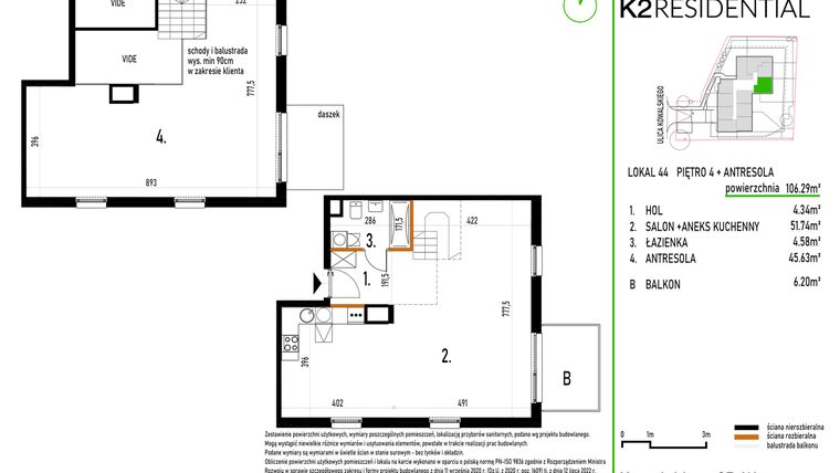 Rzut - Mieszkanie na sprzedaż 1 pokój o powierzchni 106,29 m² - numer 44 w Kowalskiego 37