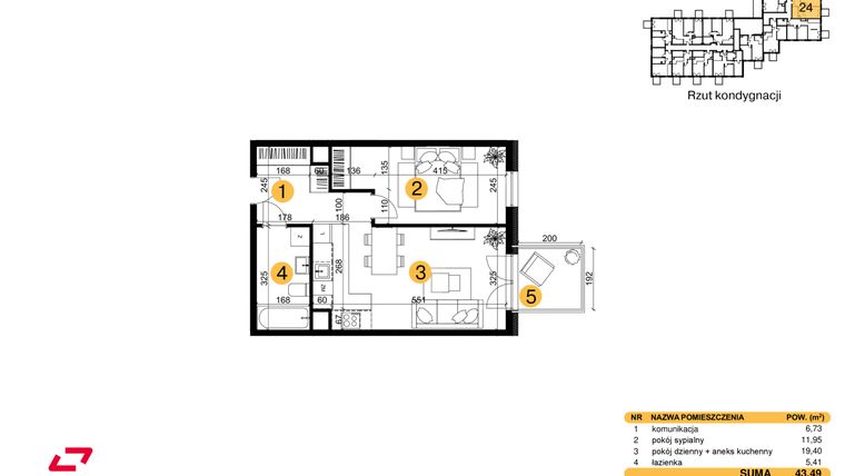 Rzut - Mieszkanie na sprzedaż 2 pokoje o powierzchni 43,49 m² - numer M24 w Punkt Wola