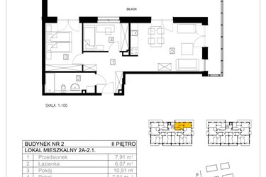 Rzut - Mieszkanie na sprzedaż 3 pokoje o powierzchni 54,76 m² - numer 2A-2.1 w Gardenia Pogodno