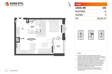 Rzut - Mieszkanie na sprzedaż 1 pokój o powierzchni 35,62 m² - numer G.101 w DOKI Living etap II