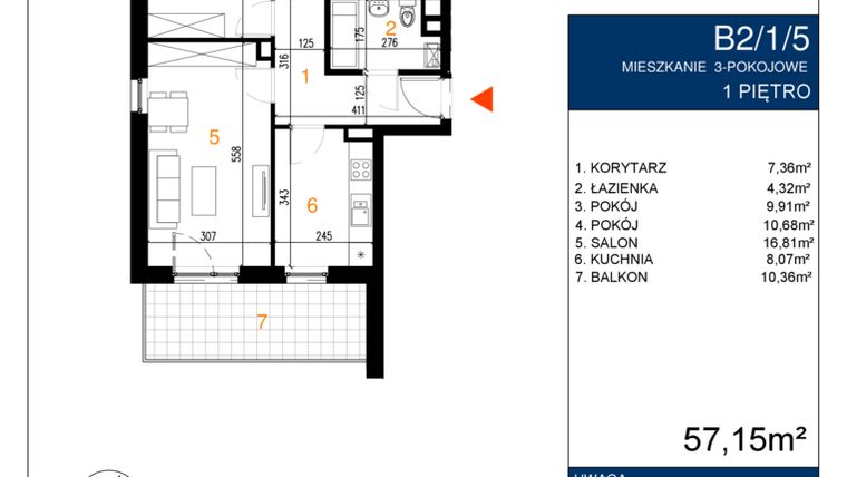 Rzut - Mieszkanie na sprzedaż 3 pokoje o powierzchni 57,15 m² - numer B2/5 w Polana Miłoszycka