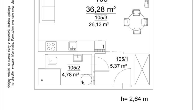 Rzut - Mieszkanie na sprzedaż 1 pokój o powierzchni 36,28 m² - numer 105 w Osiedle Teatralne 19