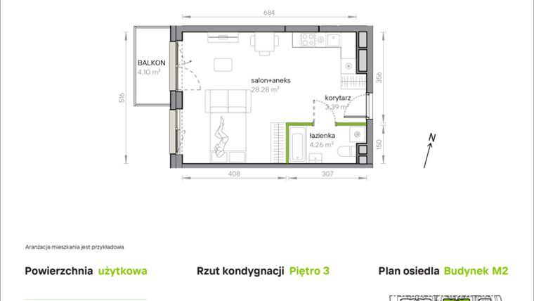 Rzut - Mieszkanie na sprzedaż 1 pokój o powierzchni 35,93 m² - numer M2/1/3/37 w Przy Parku Vita