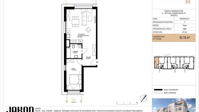 Rzut - Mieszkanie na sprzedaż 2 pokoje o powierzchni 53,78 m² - numer 3.A1 w Gombrowicza 33 - etap II