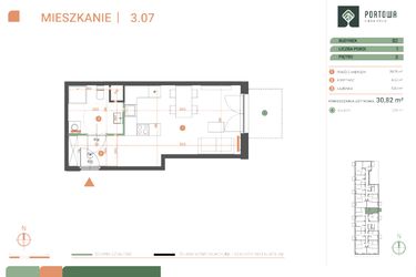 Rzut - Mieszkanie na sprzedaż 1 pokój o powierzchni 30,82 m² - numer M.03.07 w Casa Feliz Portowa