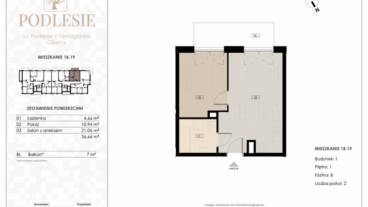 Rzut - Mieszkanie na sprzedaż 2 pokoje o powierzchni 36,66 m² - numer 1B.19 w Podlesie