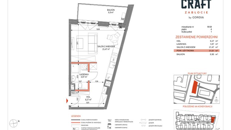 Rzut - Mieszkanie na sprzedaż 1 pokój o powierzchni 31,61 m² - numer A1.M.64 w Craft Zabłocie