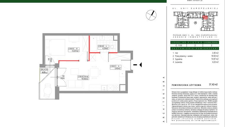 Rzut - Mieszkanie na sprzedaż 2 pokoje o powierzchni 37,42 m² - numer C106 w Grunwald Między Drzewami etap III