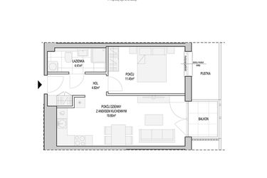 Rzut - Mieszkanie na sprzedaż 2 pokoje o powierzchni 42 m² - numer WO/T/13/18 w Wiszące Ogrody