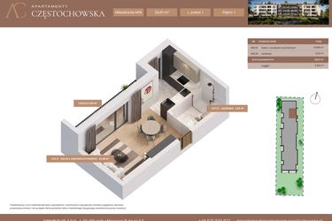 Rzut - Mieszkanie na sprzedaż 1 pokój o powierzchni 28,61 m² - numer 19 w Apartamenty Częstochowska