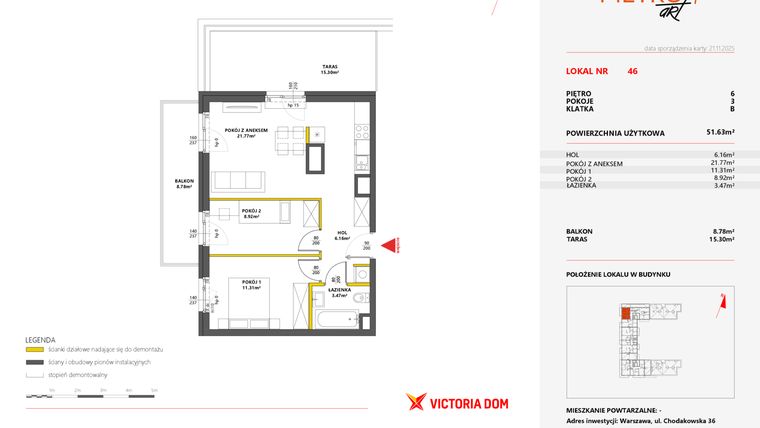 Rzut - Mieszkanie na sprzedaż 3 pokoje o powierzchni 51,63 m² - numer 46 w Metro Art 7