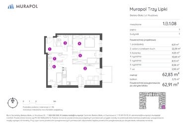 Rzut - Mieszkanie na sprzedaż 4 pokoje o powierzchni 62,91 m² - numer 1.B.1.08 w Murapol Trzy Lipki