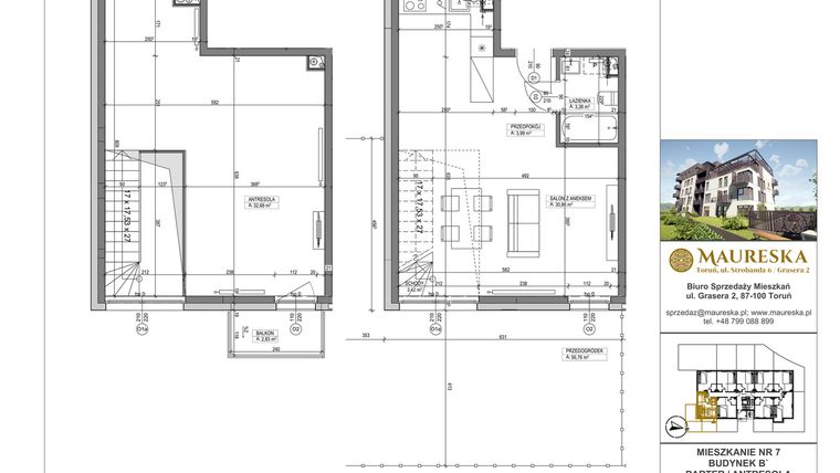 Rzut - Mieszkanie na sprzedaż 1 pokój o powierzchni 74,33 m² - numer B’.7 w Osiedle Maureska etap 2