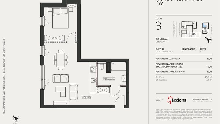 Rzut - Mieszkanie na sprzedaż 1 pokój o powierzchni 53,8 m² - numer 4.3 w Kamienna 28 - apartamenty inwestycyjne