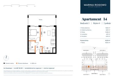 Rzut - Mieszkanie na sprzedaż 2 pokoje o powierzchni 43,79 m² - numer 14 w Apartamenty Marina Rogowo