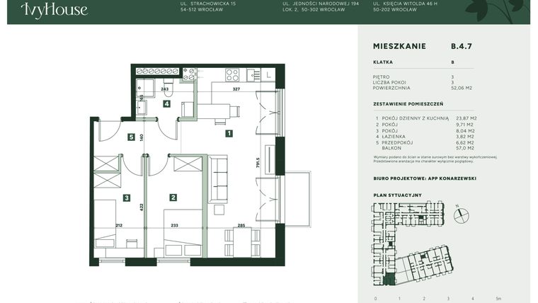 Rzut - Mieszkanie na sprzedaż 3 pokoje o powierzchni 52,06 m² - numer B.4.7 w IVY HOUSE