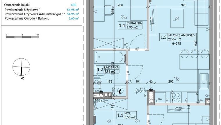 Rzut - Mieszkanie na sprzedaż 3 pokoje o powierzchni 54,95 m² - numer 48B w Osiedle Młodych etap VIII