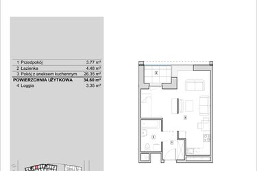 Rzut - Mieszkanie na sprzedaż 1 pokój o powierzchni 34,6 m² - numer H1-A-4-2 w Heyki City