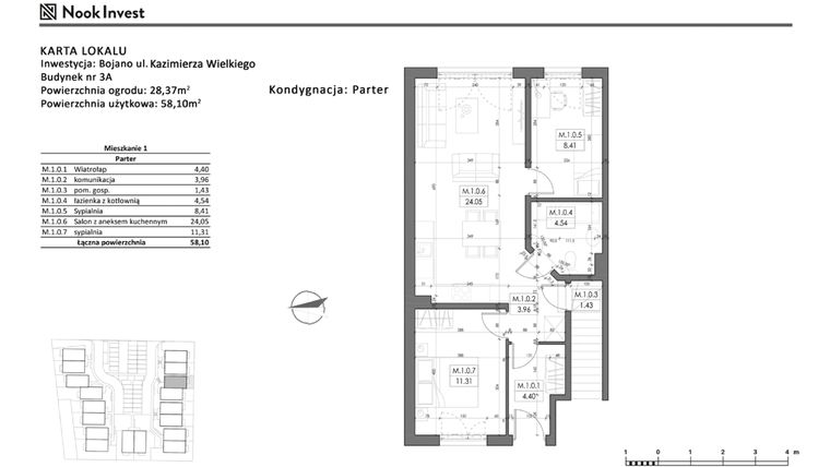 Rzut - Mieszkanie na sprzedaż 3 pokoje o powierzchni 58,1 m² - numer 3A w Bojano, ul. Kazimierza Wielkiego