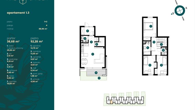 Rzut - Mieszkanie na sprzedaż 4 pokoje o powierzchni 88,96 m² - numer 1.3 w Pine Garden