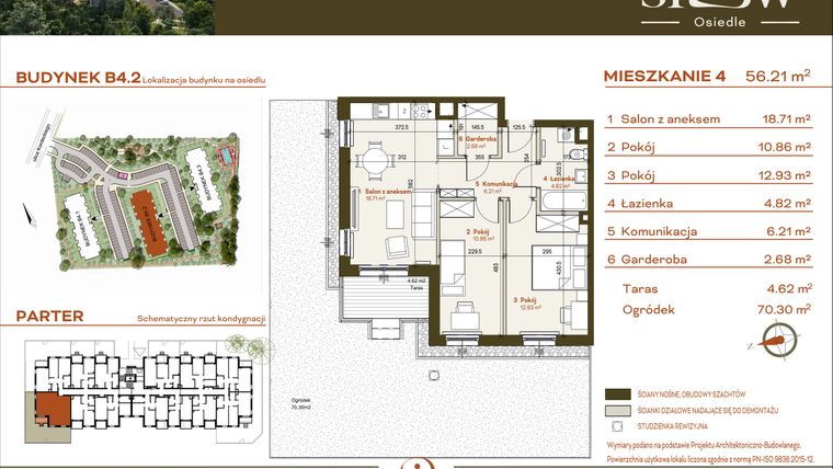 Rzut - Mieszkanie na sprzedaż 3 pokoje o powierzchni 56,21 m² - numer B4.2.4 w Osiedle SLOW