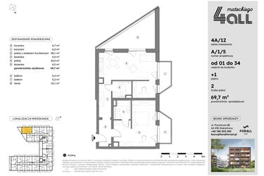 Rzut - Mieszkanie na sprzedaż 2 pokoje o powierzchni 69,6 m² - numer A/1/5 w Osiedle Mateckiego 4ALL