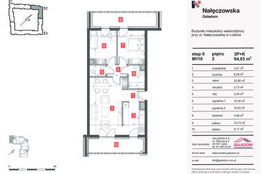 Rzut - Mieszkanie na sprzedaż 3 pokoje o powierzchni 64,03 m² - numer M-118 w Nałęczowska etap II
