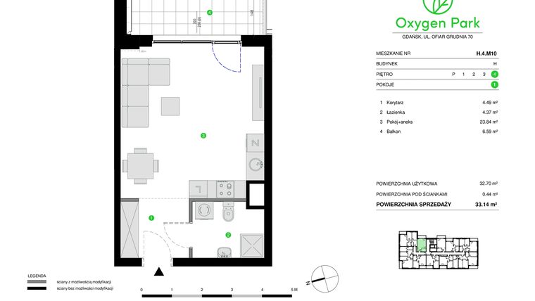 Rzut - Mieszkanie na sprzedaż 1 pokój o powierzchni 33,14 m² - numer H.4.M10 w Oxygen Park etap III