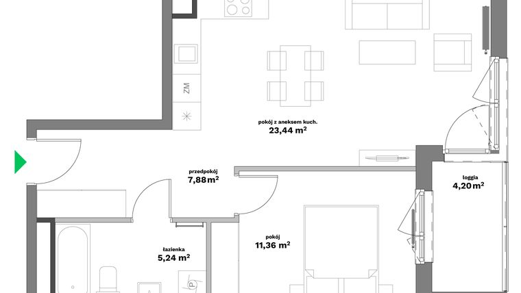 Rzut - Mieszkanie na sprzedaż 2 pokoje o powierzchni 47,92 m² - numer B2-15 w Forma Otwarta etap II