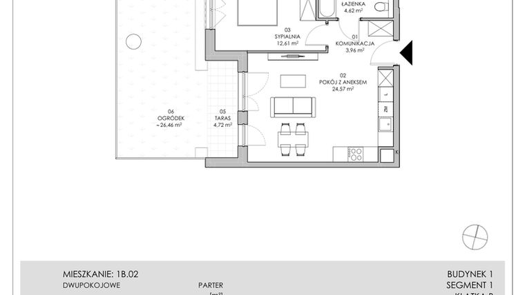 Rzut - Mieszkanie na sprzedaż 2 pokoje o powierzchni 45,76 m² - numer 1B.02 w Skwer Harmonia II