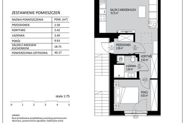 Rzut - Mieszkanie na sprzedaż 2 pokoje o powierzchni 40,17 m² - numer D2 w Kowalove etap 2