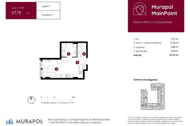 Rzut - Mieszkanie na sprzedaż 1 pokój o powierzchni 27,73 m² - numer 1.C.1.09 w Murapol MainPoint