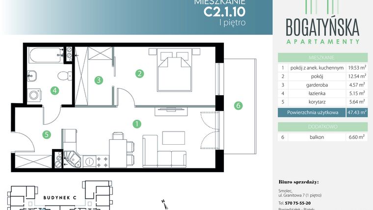 Rzut - Mieszkanie na sprzedaż 2 pokoje o powierzchni 47,43 m² - numer C2.1.10 w Bogatyńska Apartamenty etap 3