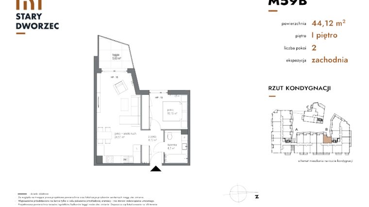 Rzut - Mieszkanie na sprzedaż 2 pokoje o powierzchni 44,12 m² - numer M 59B w Stary Dworzec