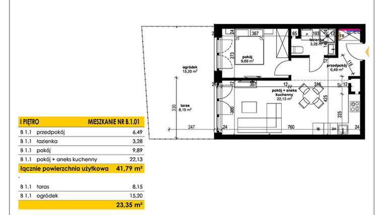 Rzut - Mieszkanie na sprzedaż 2 pokoje o powierzchni 41,79 m² - numer B 1.01 w Park Moniuszki II C