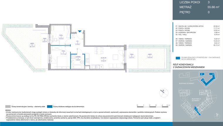 Rzut - Mieszkanie na sprzedaż 3 pokoje o powierzchni 55,7 m² - numer ED0003 w Spokojny Mokotów