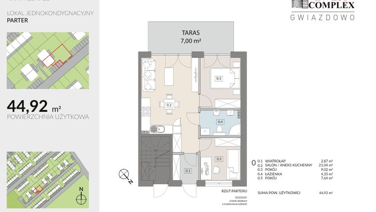 Rzut - Mieszkanie na sprzedaż 3 pokoje o powierzchni 44,92 m² - numer D12.1 w Osiedle Gwiazdowo etap 8