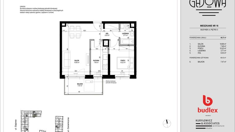 Rzut - Mieszkanie na sprzedaż 2 pokoje o powierzchni 48,37 m² - numer 16 w Gajowa bud. A
