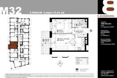 Rzut - Mieszkanie na sprzedaż 2 pokoje o powierzchni 37,43 m² - numer M32 w Sczanieckiej 8